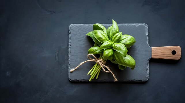 Top down photograph of fresh green basil herb bunch tied with twine on a dark slate board