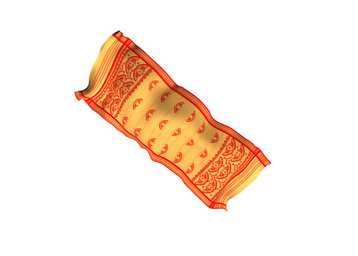Gamosa or gamusa flying isolated on white or transparent png. It is generally a white rectangular piece of cloth from assam used in bihu. flying fabric png.