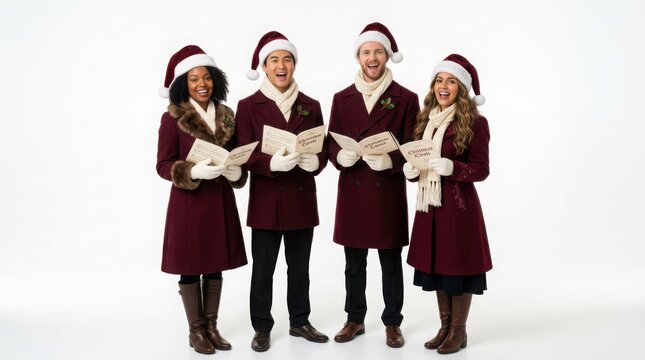 Group of four happy people wearing santa hats and winter coats singing christmas carols from songbooks together