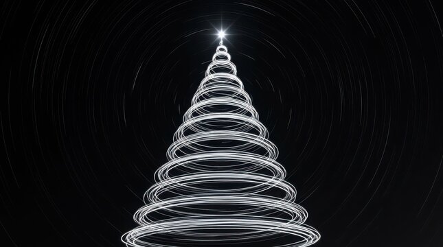 Abstract christmas tree made of glowing white light lines with a bright star on top isolated against a dark black background