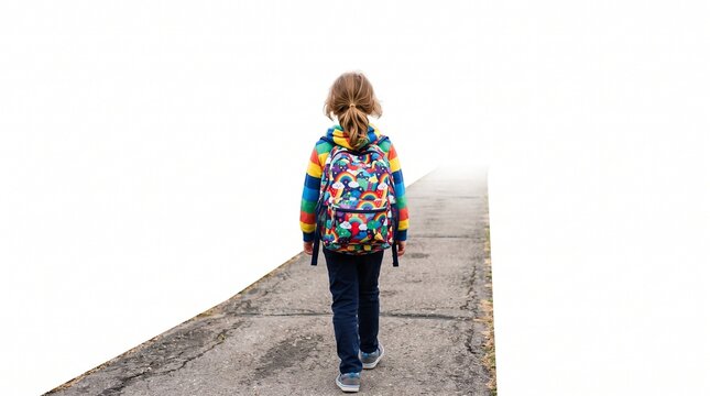 Young girl with colorful backpack walks down a path towards a bright future