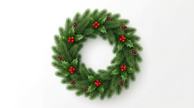 Beautiful green christmas wreath decorated with red berries and pine cones for winter holiday home decoration and festive celebration