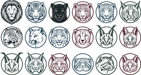 Wild Cat Head Logo Collection Featuring Lion Tiger Panther Leopard Lynx Cougar Bobcat and Feline Mascot Vector Emblem Set © MstSuborna