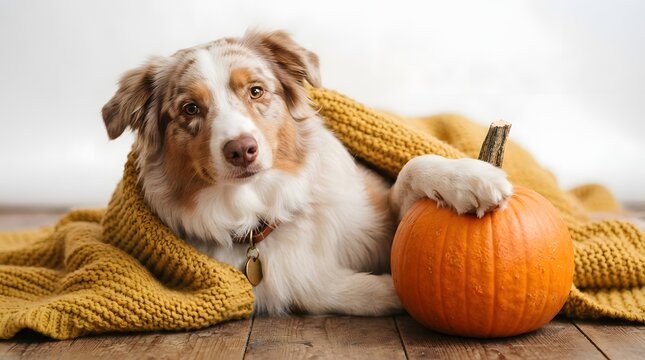 An adorable australian shepherd dog wrapped in a cozy yellow knitted blanket resting its paw on a pumpkin to celebrate a festive happy thanksgiving holiday