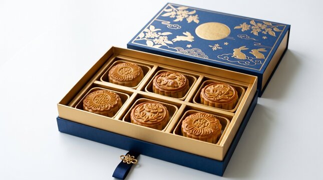 Elegant blue gift box filled with six traditional mooncakes decorated with intricate patterns and symbols