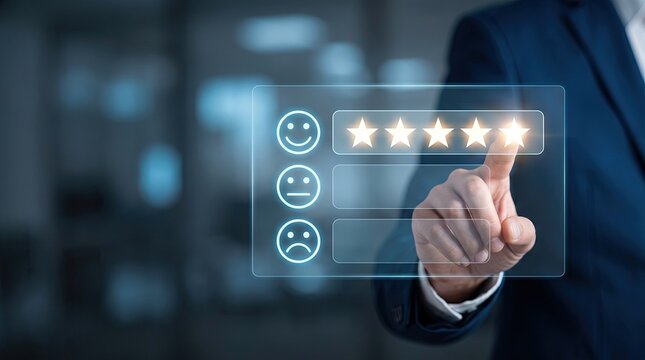 A business professional giving a five star rating on a digital screen to show excellent customer service experience
