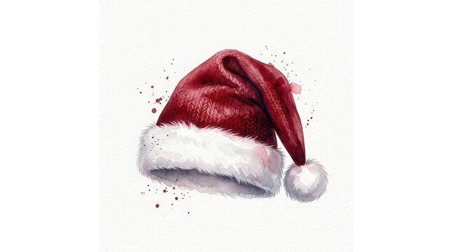 Red santa claus hat with white fur trim and fluffy pompom painted in a festive watercolor art style for christmas holiday design