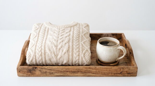 Cozy scene with a folded cream cable knit sweater and a steaming mug of coffee on a rustic wooden tray
