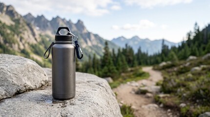 Naklejka premium Water bottle for hiking on rock with mountain trail and greenery background 