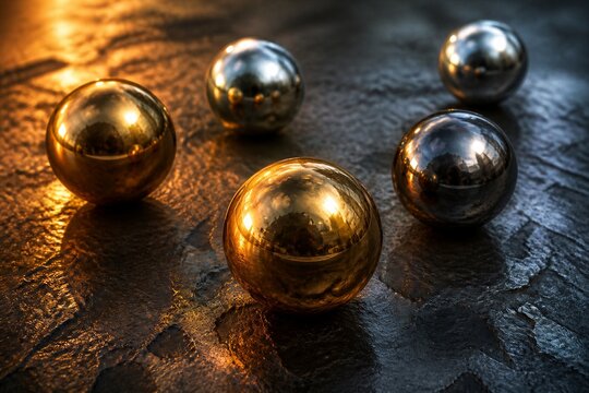 Metal spheres reflecting warm light on textured stone surface