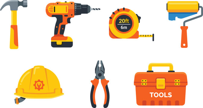 Construction and Hardware Tools Icon Set Featuring Hammer Drill Tape Measure Paint Roller Hard Hat Pliers and Toolbox
