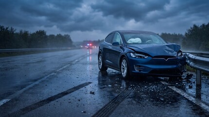 Naklejka premium Blue tesla electric car crashed into metal guardrail on rain soaked highway during stormy evening.