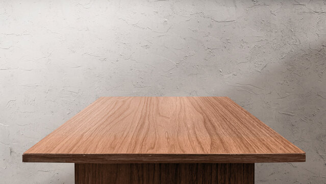 Empty wooden table top perspective with light grey concrete plaster wall background. Wooden desk product display mockup backdrop, template for food, product presentation and placement.