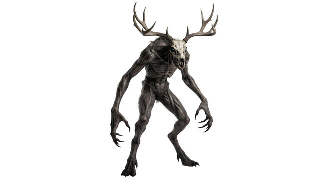 Mythical Wendigo Creature, Dark Forest Spirit, Supernatural Horror Monster, Cryptid Folklore Figure, Terrifying Antlered Beast isolated on Transparent Background
