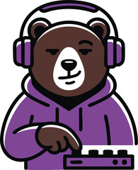 Fototapeta premium Cute bear DJ mascot with headphones and mixing console