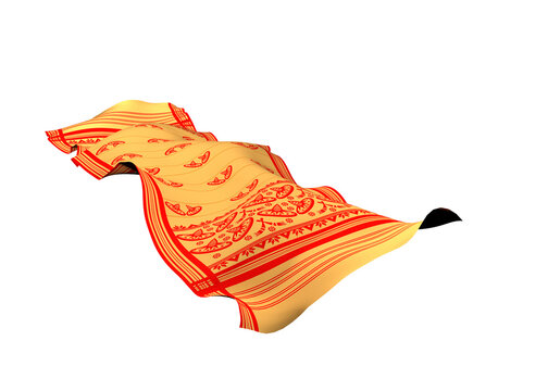 Gamosa or gamusa flying isolated on white or transparent png. It is generally a white rectangular piece of cloth from assam used in bihu. flying fabric png.