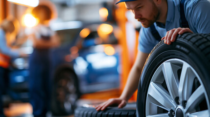 Obraz premium Faceless car mechanics changing a tire at an auto repair shop garage, teamwork service concept, with copy space