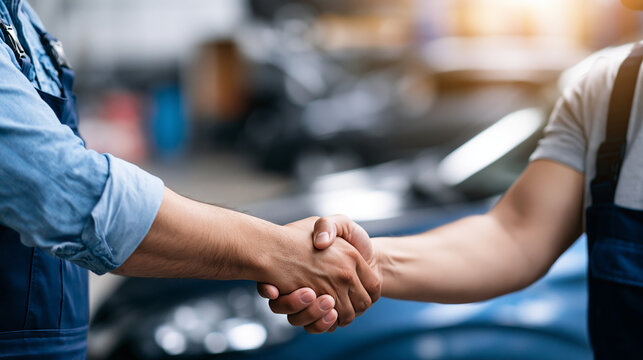 Mechanic and customer shaking hands inside a car after a repair, professional automotive trust and service concept, with copy space