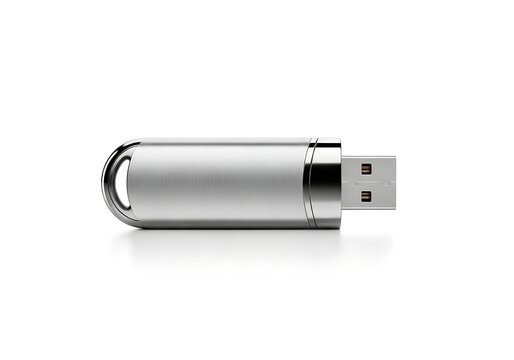 Modern silver metal usb flash drive for data storage and file transfer on a clean studio setting