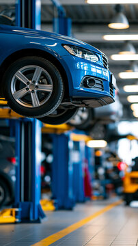Car raised on lifting equipment in a garage during repair, automotive maintenance concept, with copy space