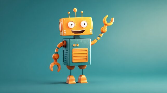 Friendly orange and teal robot character waving against a solid background