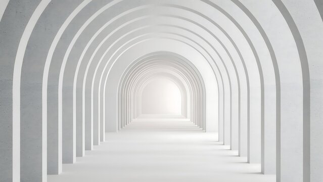Futuristic White Archway Corridor with Repeating Arches and Minimalist Architectural Design