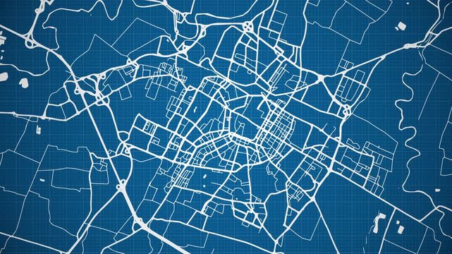 Ink reveal animation of Reggio Emilia city, Emilia-Romagna, Italy, grid map. Aerial top view. Blueprint style. White lines with blue background. 4K Seamless loop.
