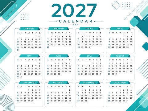2027 calendar template with modern geometric design, annual wall planner for business organization, teal and white yearly schedule layout