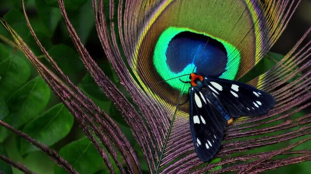 Closeup footage showing a Macrobrochis gigas moth interacting with a naturally shed Indian peafowl feather eyespot in its natural Himalayan forest habitat during summer in Himachal Pradesh, India.