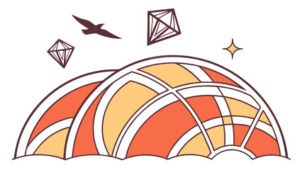 A stylized of two overlapping domes with geometric patterns, accompanied by floating diamond shapes and a bird silhouette on a white background © SHARI