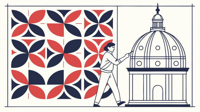 Person a geometric pattern on a wall next to a domed building, architectural concept, line on white background
