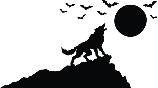 Silhouette of werewolf howling at full moon on rocky hilltop night sky