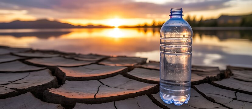 Clear plastic water bottle standing on dry cracked earth against a scenic sunset background