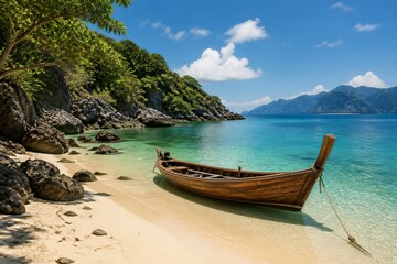 Obraz premium Wooden longtail boat moored on tropical sandy beach with sea