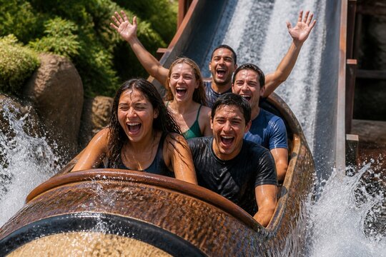 Group riding water log flume with joyful splash at park