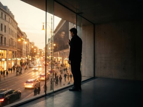 Lone Figure Watching City Life From Empty Room, Solitude and Connection Concept
