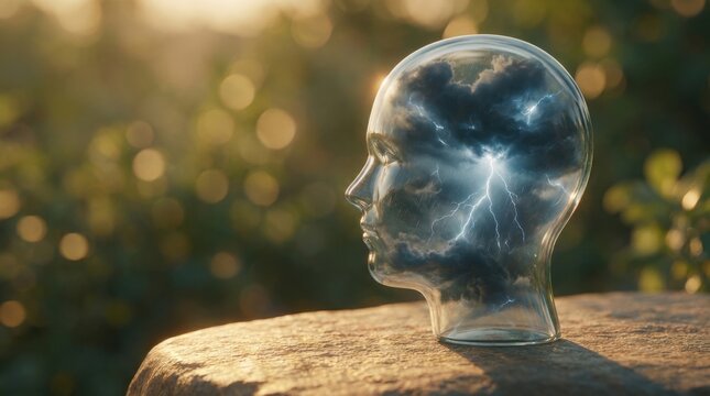 Glass Head Silhouette With Storm And Lightning Inside, Mental Turmoil Concept At Golden Hour