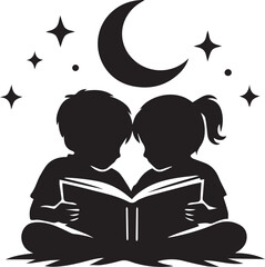 Little boy and girl reading a book under moon and stars Vector, illustration