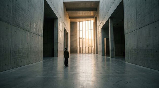 Solitary Figure Walking Toward Light in Vast Concrete Hallway