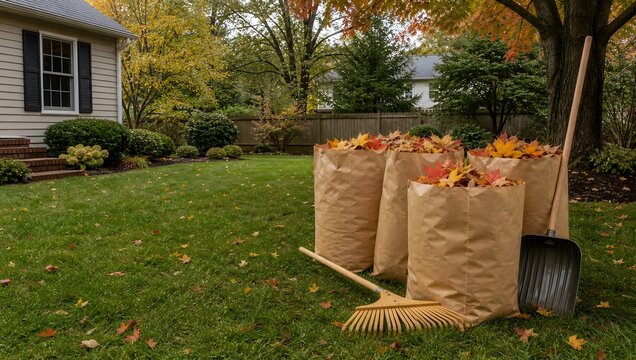 Autumn yard cleanup with filled brown paper leaf bags and garden tools on green grass.