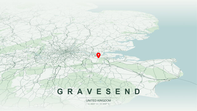 Modern minimalist vector map of Gravesend, Kent, England. High-quality scalable illustration of Gravesend geographic boundaries along River Thames contours for posters design.