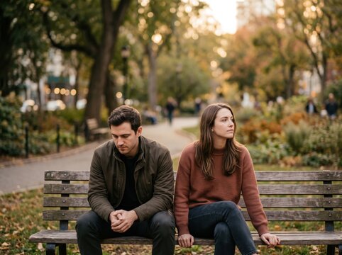 Couple Sitting Apart On Park Bench, Emotional Distance And Relationship Tension Concept