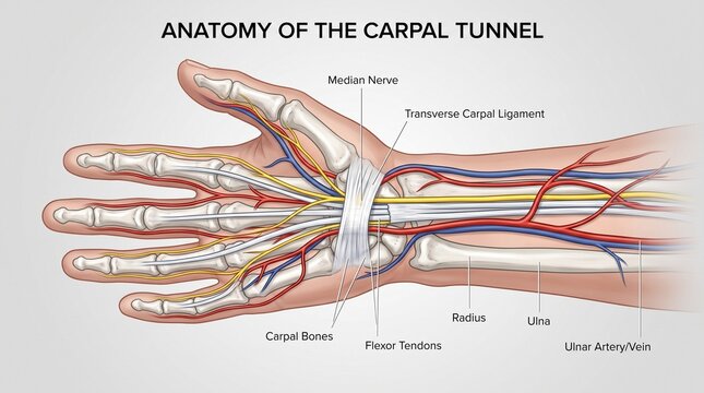 Human hand anatomy illustration showing carpal tunnel and wrist nerves