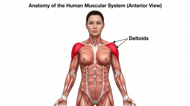 Anatomy of female human muscular system highlighting deltoids