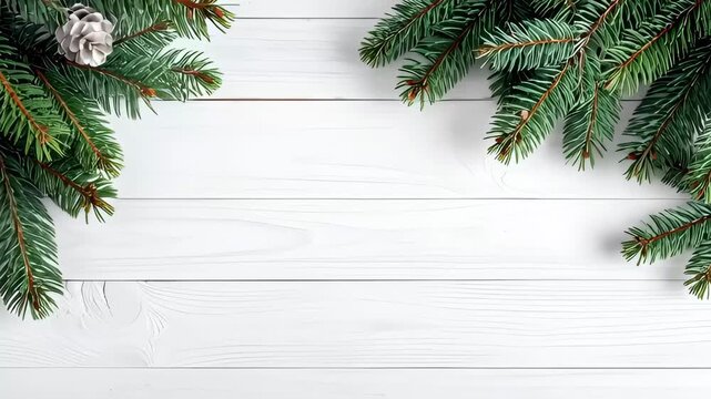 A clean white wooden background is framed by lush pine branches and cones. Ideal for Christmas, New Year's, seasonal greetings, and festive advertising with ample copy space