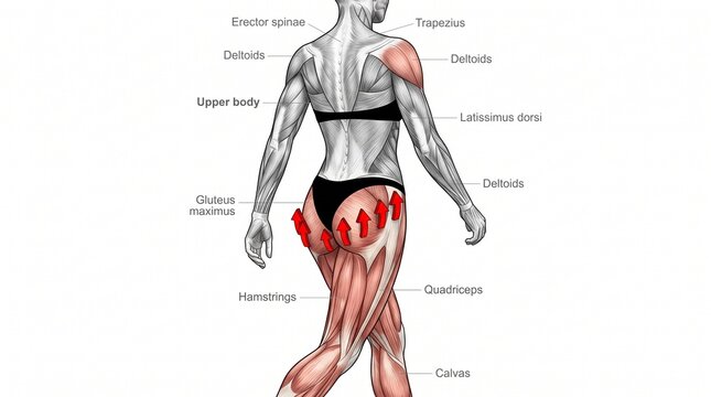 Female human muscle anatomy diagram highlighting glutes and legs