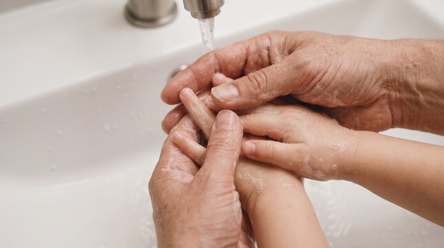 Parent washing childs hands with soap in bathroom sink for hygiene