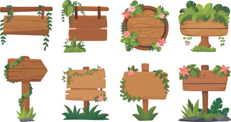 Fototapeta premium Wooden Signboard Vector Icon Set with Jungle Leaves, Vines, and Flowers for Game UI, Nature Themes, and Outdoor Banner Designs