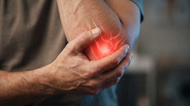 Man holding his painful elbow with red inflammation highlight indoors