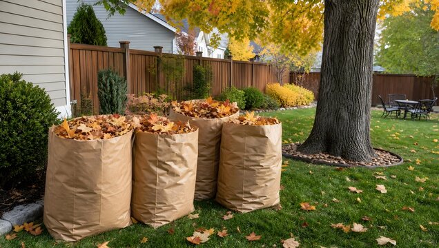 Group of large paper bags packed with fallen autumn leaves standing on grass in garden during golden season.